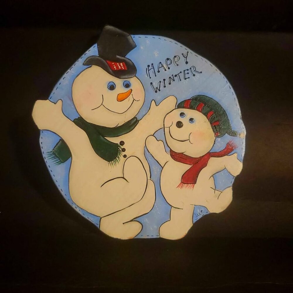 Wooden Plaque With Hand Painted Snowman Scene